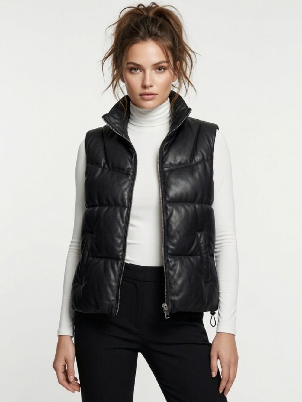 Women Sebby Collection Faux Leather Black Quilted Puffer Vest (Size :med)